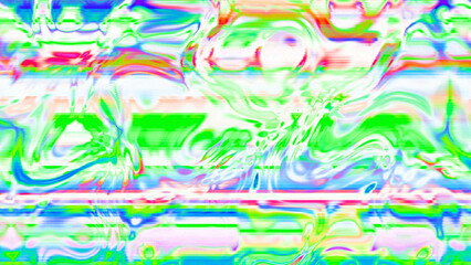 Abstract psychedelic glitch waves with neon colors, distorted digital fluid texture and VHS scanline effect