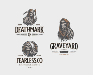 Death Skull grim reaper holding scythe logo template