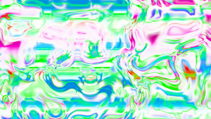 Abstract psychedelic glitch waves with neon colors, distorted digital fluid texture and VHS scanline effect