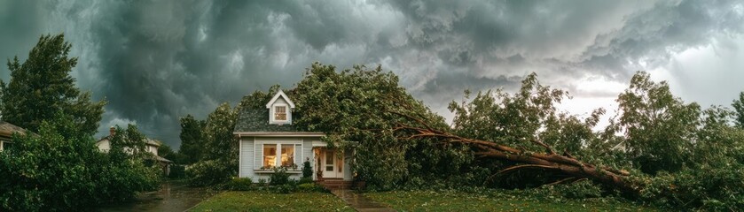 Tree falls on a house roof during storm concept. A house surrounded by trees under dramatic stormy clouds.