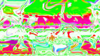 Abstract psychedelic glitch waves with neon colors, distorted digital fluid texture and VHS scanline effect