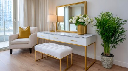 Fototapeta premium Modern dressing table with gold mirror and vanity