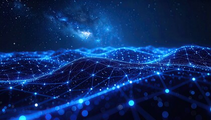 Futuristic Digital Data Network With Glowing Blue Connections Across a Dark Cosmic Landscape Under a Starry Galaxy Sky