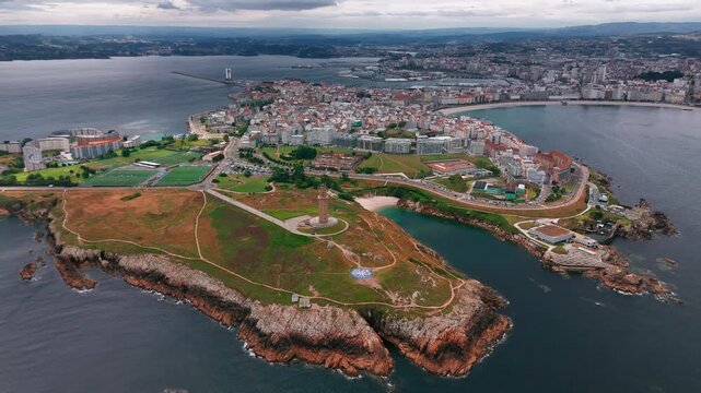 Aerial view of the historic tower of Hercules in A Coruna, Galicia, Spain.