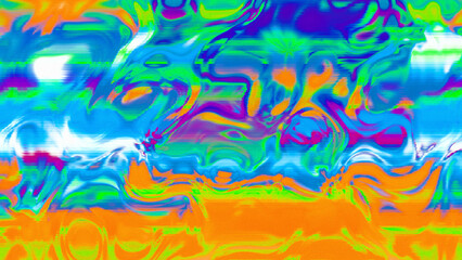 Abstract psychedelic glitch waves with neon colors, distorted digital fluid texture and VHS scanline effect