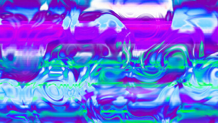 Abstract psychedelic glitch waves with neon colors, distorted digital fluid texture and VHS scanline effect