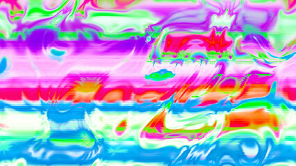 Abstract psychedelic glitch waves with neon colors, distorted digital fluid texture and VHS scanline effect