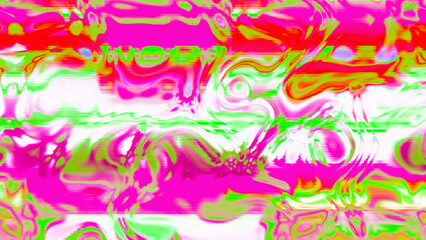 Abstract psychedelic glitch waves with neon colors, distorted digital fluid texture and VHS scanline effect