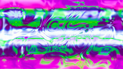 Abstract psychedelic glitch waves with neon colors, distorted digital fluid texture and VHS scanline effect