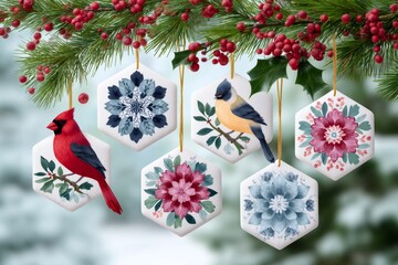 Festive Christmas ornaments with winter birds and botanicals