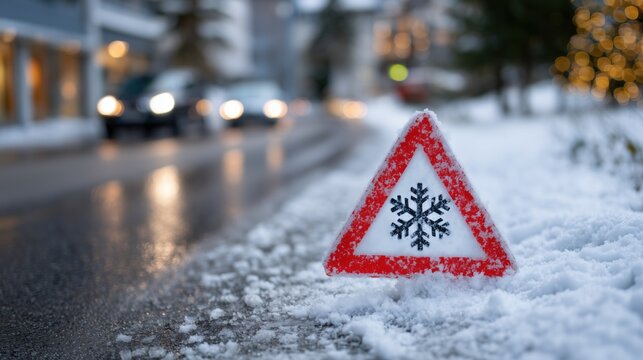 Triangular road sign with a snowflake symbol covered in snow, warning of icy and slippery roads, representing winter driving safety and hazardous weather conditions - Powered by Adobe