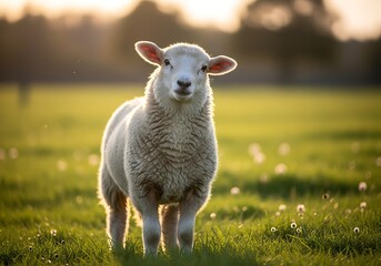 Obraz premium A fluffy white lamb stands in a sunlit green pasture during golden hour, looking directly at the viewer.