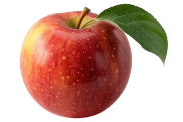 A single, ripe red apple with a green leaf, isolated on a transparent background. background removed