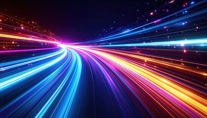Obraz premium Abstract Light Trails Blur Effect With Neon Blue Pink Orange Glow Streaks And Particles Speed Motion Background