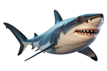 Obraz premium A realistic 3D render of a great white shark, swimming underwater with its mouth slightly open, showcasing sharp teeth. background removed