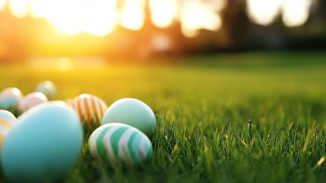 Colorful eggs hidden in grass during sunset celebration - Powered by Adobe