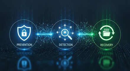 Digital security network concept protecting data with shield lock search and recycle icons