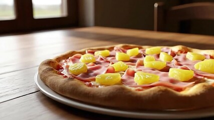 Hawaiian Pizza with Pineapple and Ham on Wooden Tabletop in Warm Light Detailed Close Up Still Life of Traditional Dish Food Concept Rustic Kitchen Scene with Window View 195 Characters