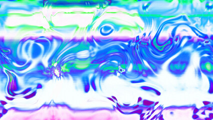 Abstract psychedelic glitch waves with neon colors, distorted digital fluid texture and VHS scanline effect