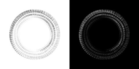 Dynamic abstract spiral sound wave rhythm lines. Circular spiral sound wave rhythm of lines. Circular futuristic abstract lines, black and white background.	