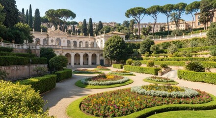 Obraz premium A sun-drenched garden, featuring manicured hedges, colorful flowerbeds, and a classical-style building
