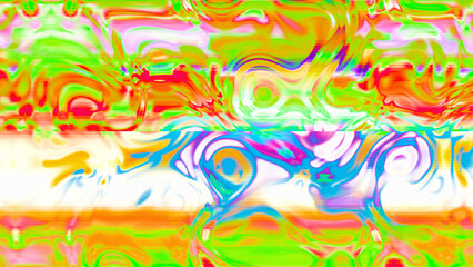 Abstract psychedelic glitch waves with neon colors, distorted digital fluid texture and VHS scanline effect