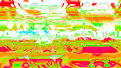 Abstract psychedelic glitch waves with neon colors, distorted digital fluid texture and VHS scanline effect