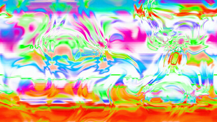 Abstract psychedelic glitch waves with neon colors, distorted digital fluid texture and VHS scanline effect