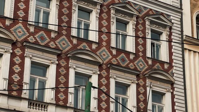 Detailed views of stunning historical architecture in Prague, Czech Republic, showcasing ornate Renaissance detailing, metalwork, and intricate Art Nouveau facades with mosaics and sculptures.
