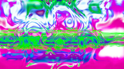 Abstract psychedelic glitch waves with neon colors, distorted digital fluid texture and VHS scanline effect