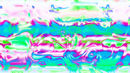 Abstract psychedelic glitch waves with neon colors, distorted digital fluid texture and VHS scanline effect