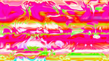 Abstract psychedelic glitch waves with neon colors, distorted digital fluid texture and VHS scanline effect