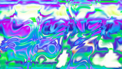 Abstract psychedelic glitch waves with neon colors, distorted digital fluid texture and VHS scanline effect