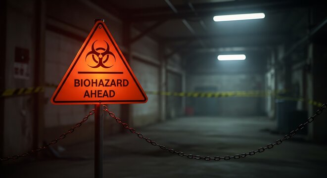 Warning sign biohazard ahead in a dark industrial environment - Powered by Adobe