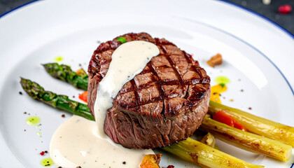 Chef's Presentation: Thick Grilled Steak with Crosshatch Marks and Creamy Sauce, Dark Background