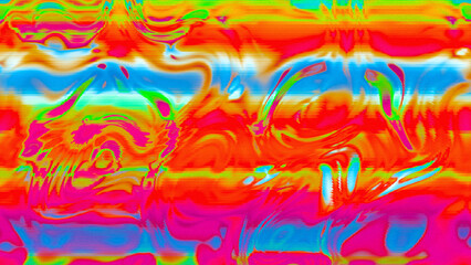 Abstract psychedelic glitch waves with neon colors, distorted digital fluid texture and VHS scanline effect
