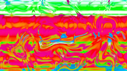 Abstract psychedelic glitch waves with neon colors, distorted digital fluid texture and VHS scanline effect