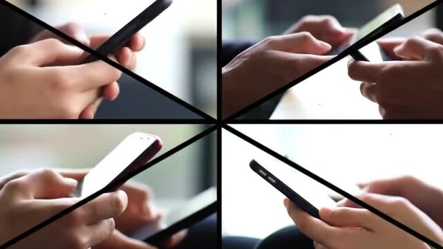 Hands typing and scrolling on smartphones a modern connection quartet in split screen display with soft bright window