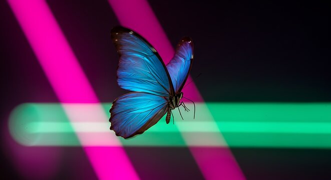 Vibrant butterfly with open wings illuminated by neon stripes on dark background