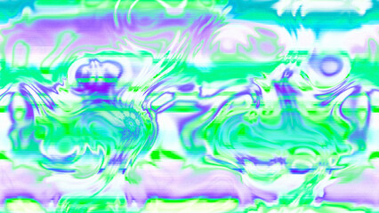 Abstract psychedelic glitch waves with neon colors, distorted digital fluid texture and VHS scanline effect