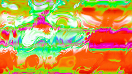 Abstract psychedelic glitch waves with neon colors, distorted digital fluid texture and VHS scanline effect