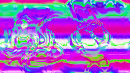Abstract psychedelic glitch waves with neon colors, distorted digital fluid texture and VHS scanline effect
