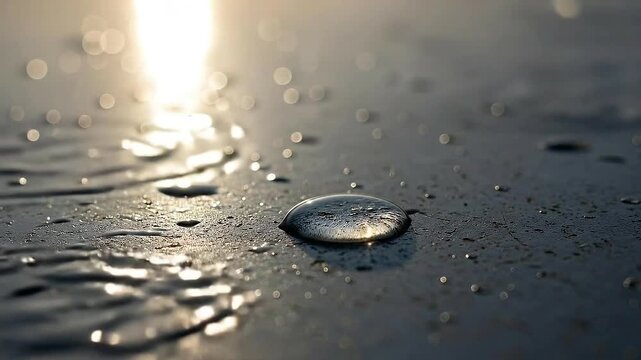Macro Shot of Water Droplets on a Smooth Dark Surface Reflecting Sunlight Creating a Serene Atmosphere Ideal for Backgrounds and Textures Close-Up with Soft Focus Lighting