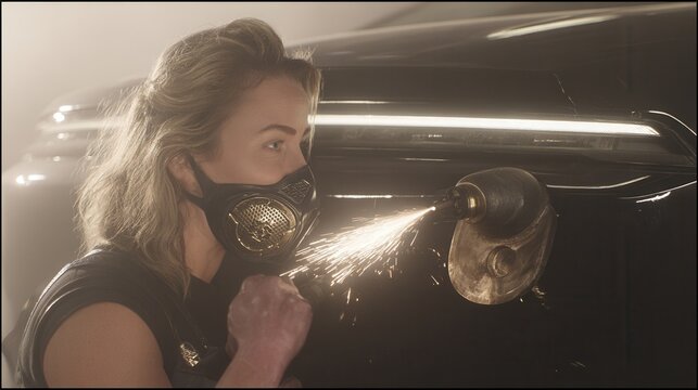 Female mechanic welding car exhaust pipe in a workshop during daytime showcasing her skills and focus on the task at hand