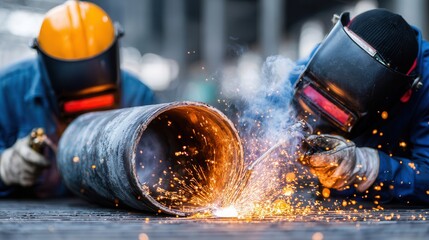 Mechanic team works on car exhaust repair with welding tools and protective gear in an automotive workshop during daylight hours