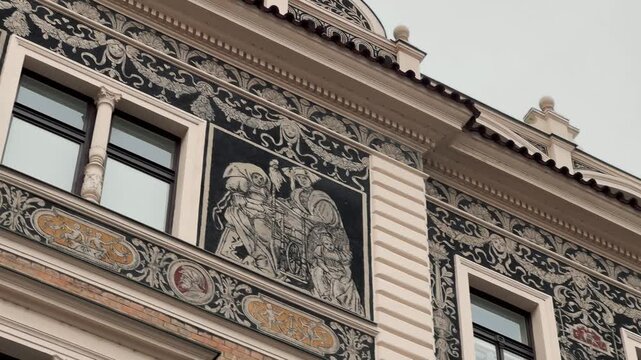 Detailed views of stunning historical architecture in Prague, Czech Republic, showcasing ornate Renaissance detailing, metalwork, and intricate Art Nouveau facades with mosaics and sculptures.