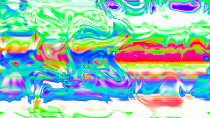 Abstract psychedelic glitch waves with neon colors, distorted digital fluid texture and VHS scanline effect