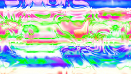 Abstract psychedelic glitch waves with neon colors, distorted digital fluid texture and VHS scanline effect
