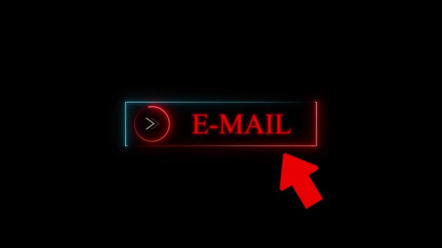 Glowing neon blue color white text cursor animation pointing towards email button in looping with transparent background.