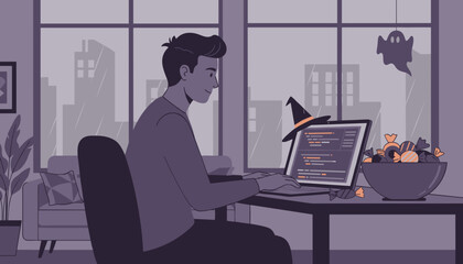 Smiling man works on laptop at home Halloween decorations city view Seasonal work remote job